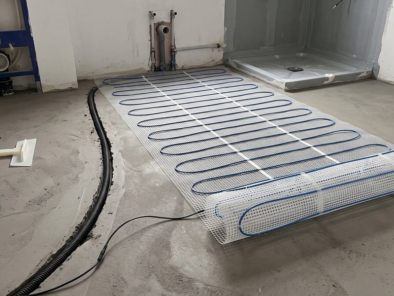 Elektrická topná rohož rozvinutá na potěru před pokládkou dlažby